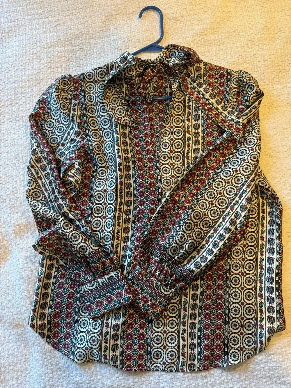 LOFT Cream Blouse with Burgundy & Teal Medallion Print